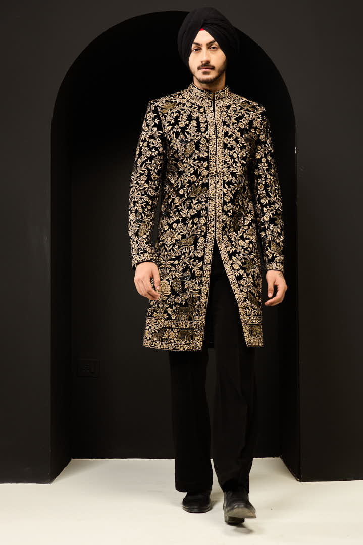 Black indo Western highlighting with gold zari, sequins, pearl and cutdana
