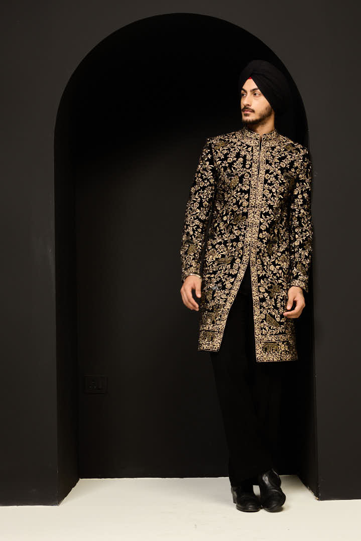 Black indo Western highlighting with gold zari, sequins, pearl and cutdana
