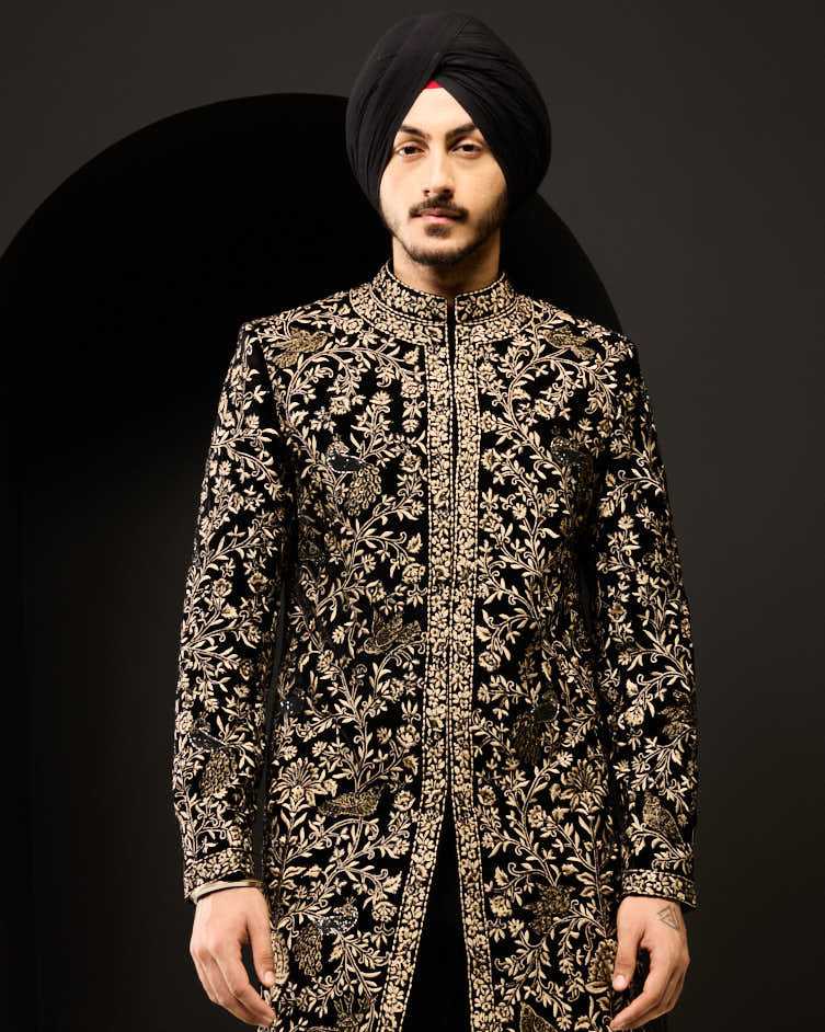 Black indo Western highlighting with gold zari, sequins, pearl and cutdana