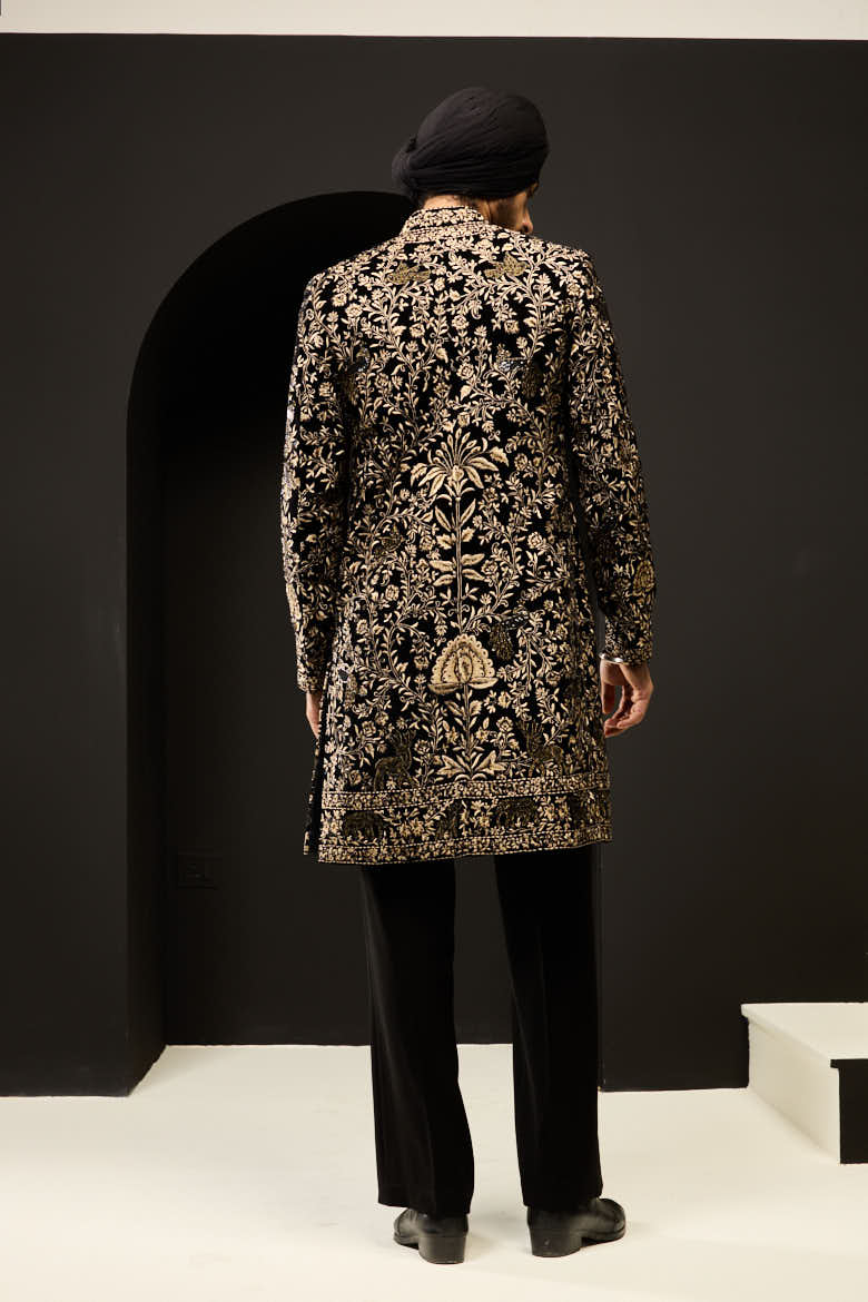 Black indo Western highlighting with gold zari, sequins, pearl and cutdana