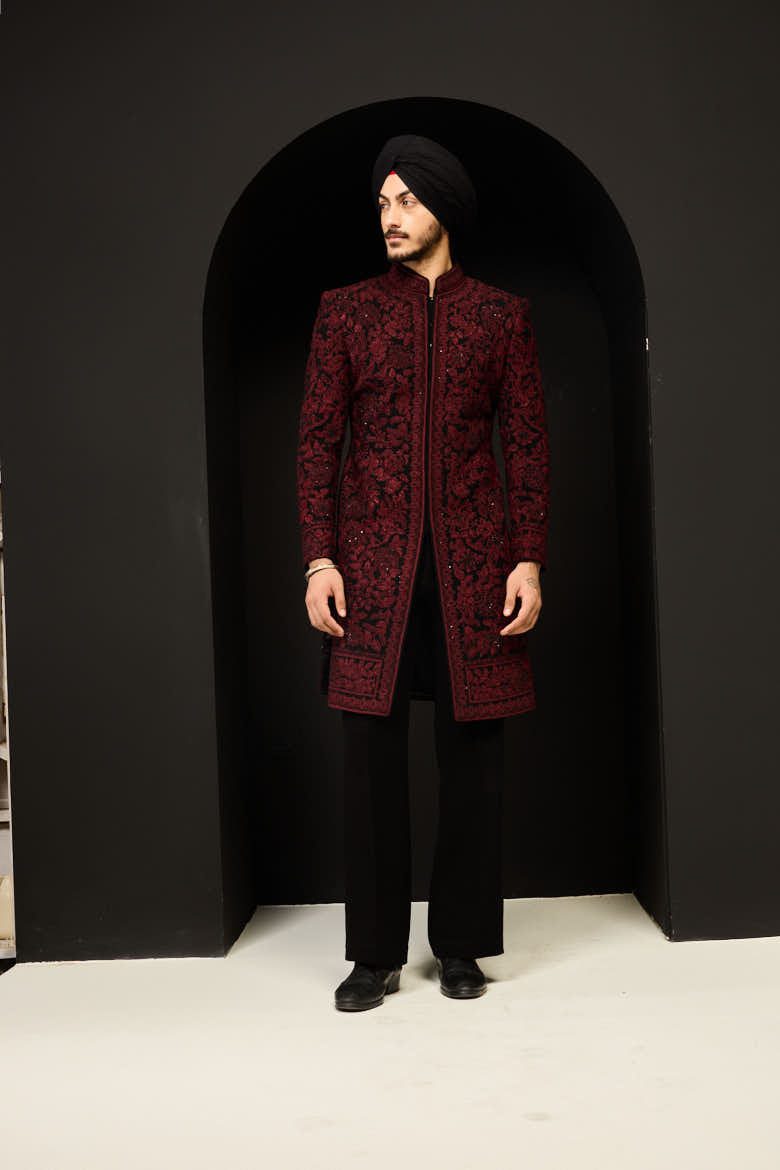 Black indo Western highlighting with sequins, pearls and wine thread work