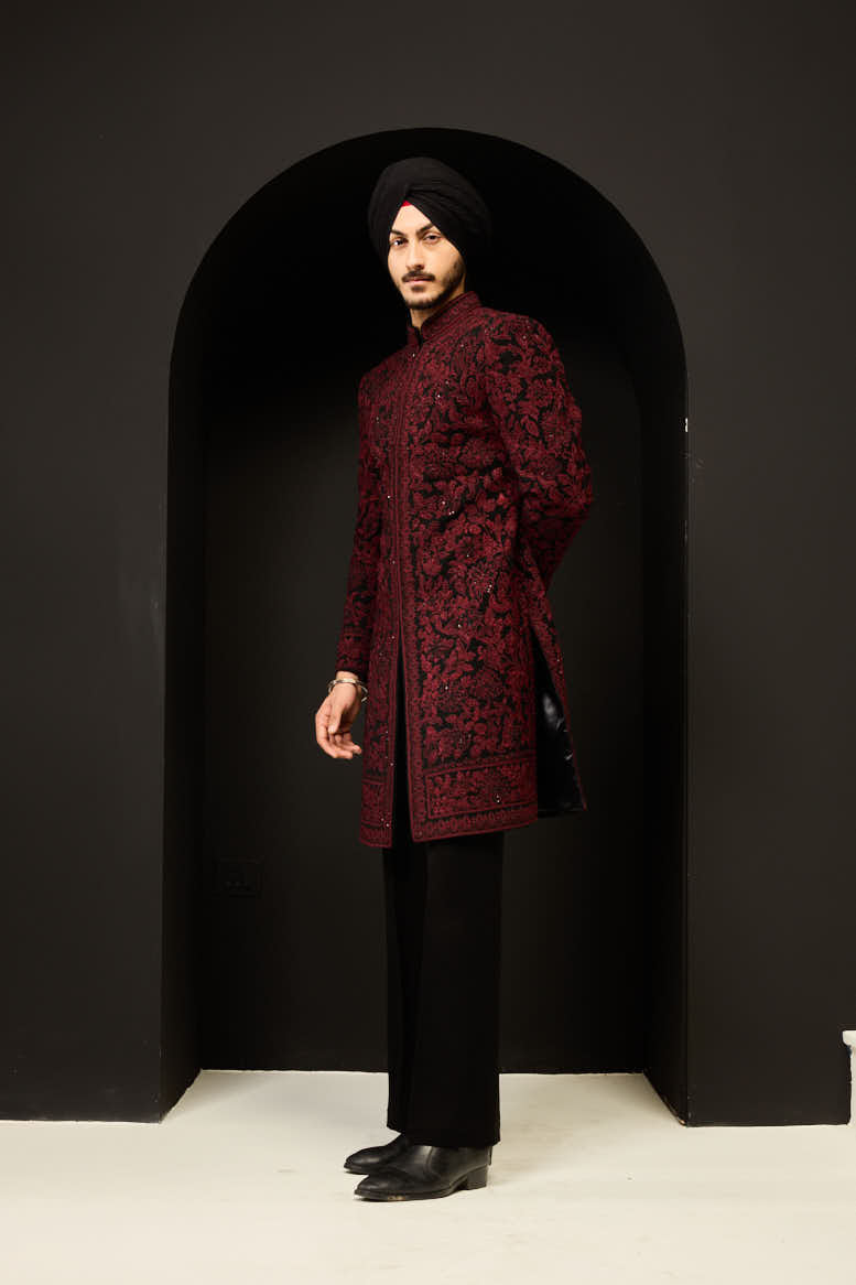 Black indo Western highlighting with sequins, pearls and wine thread work