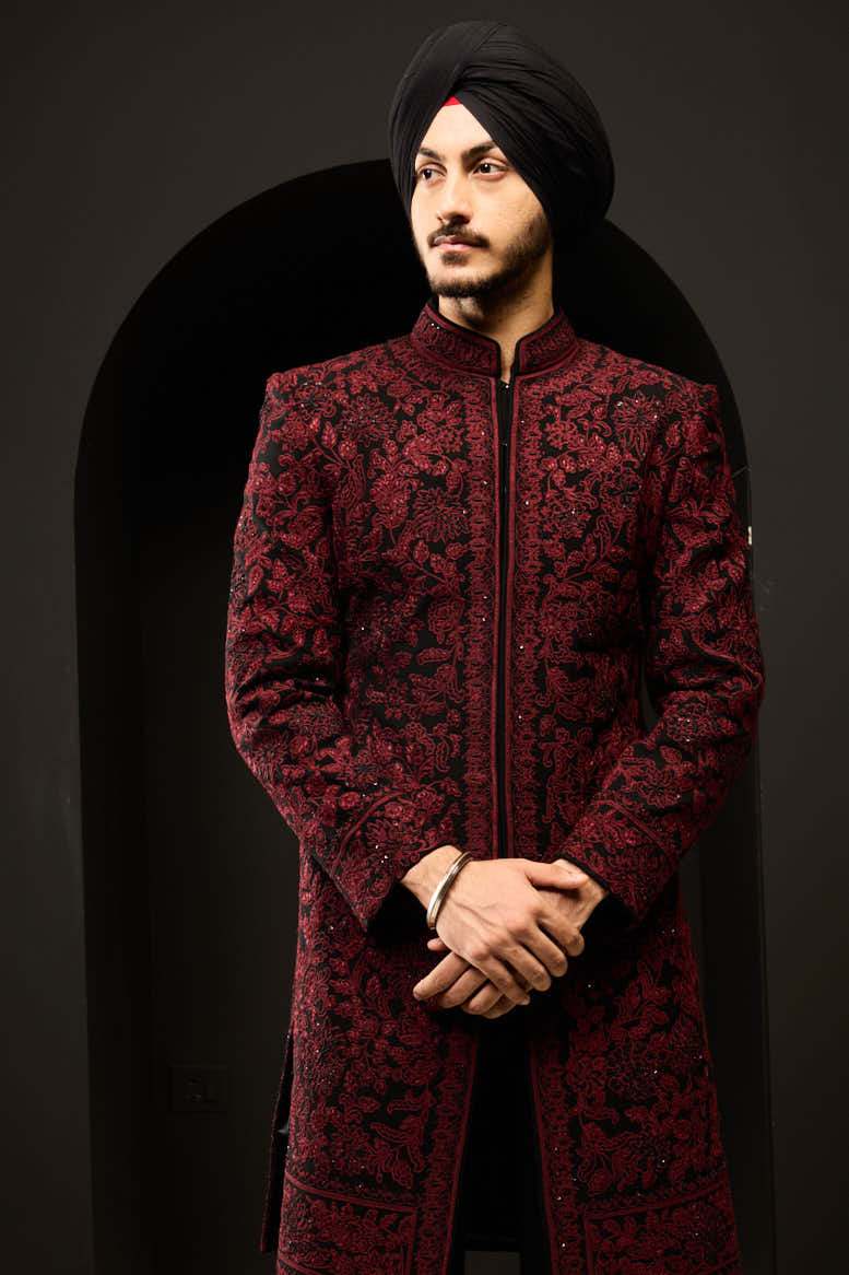 Black indo Western highlighting with sequins, pearls and wine thread work