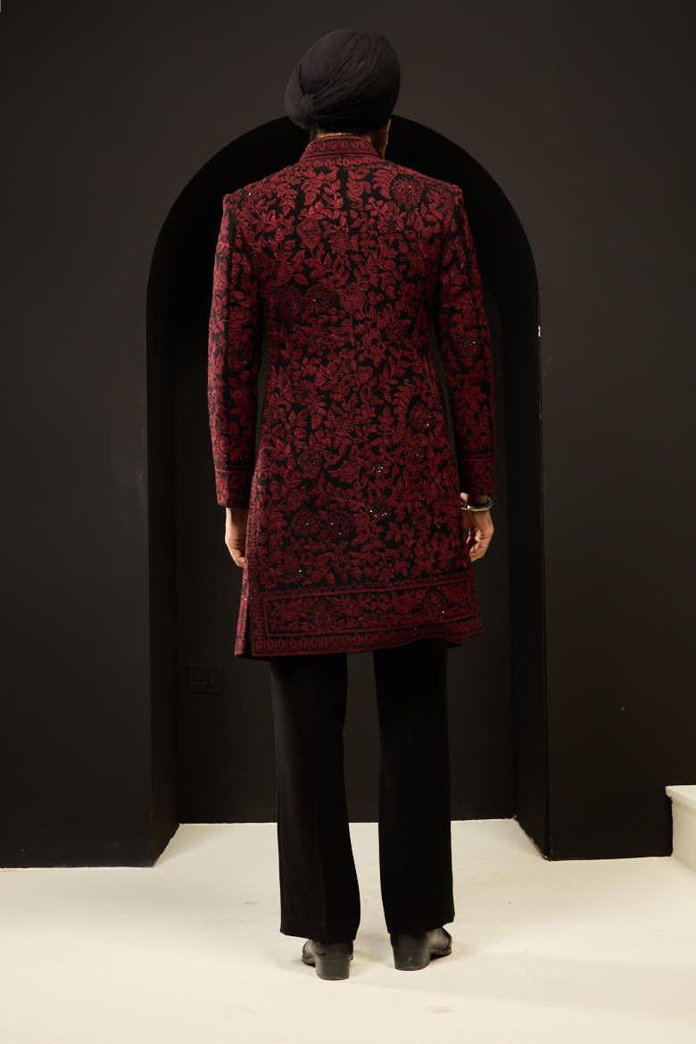 Black indo Western highlighting with sequins, pearls and wine thread work