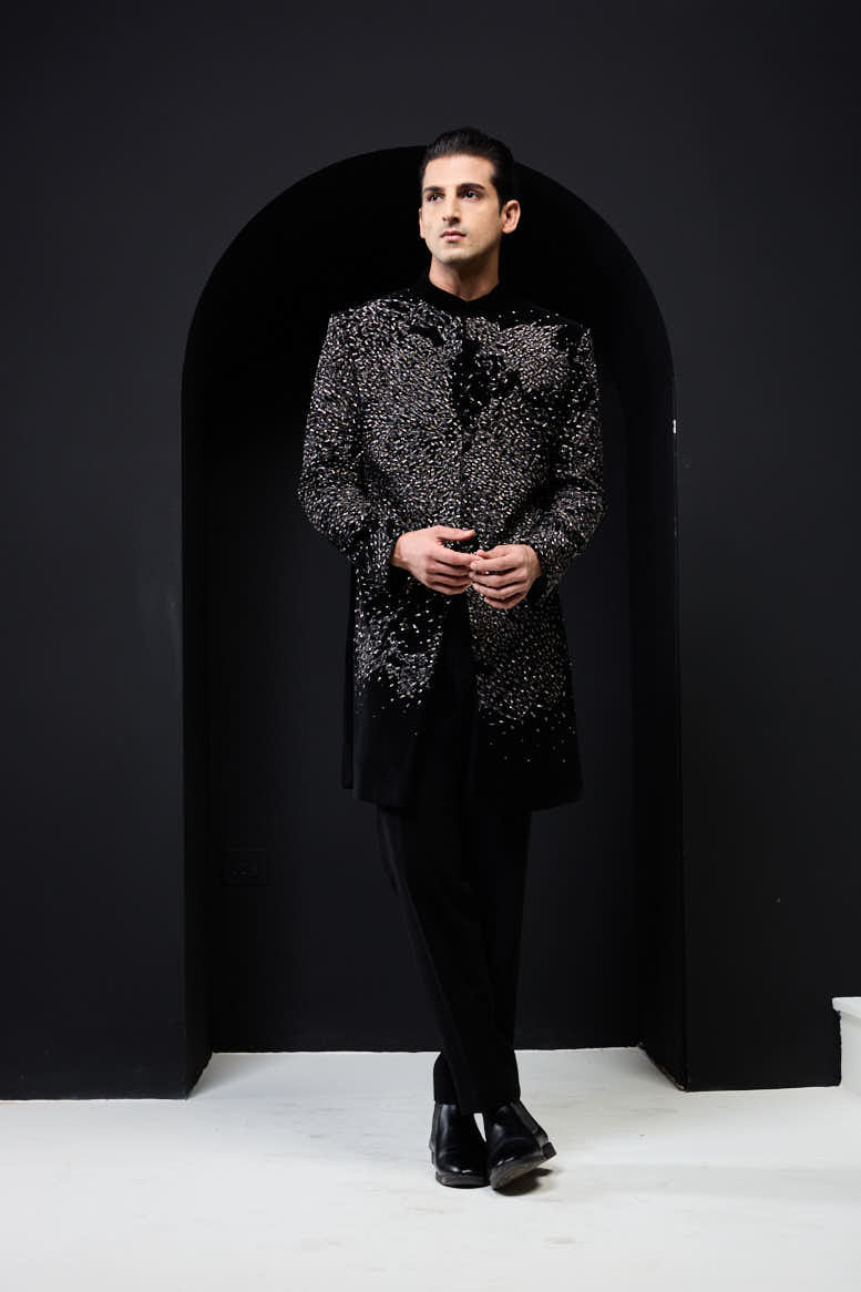 Black indo Western highlighting with silver zari, pearls and cutdana
