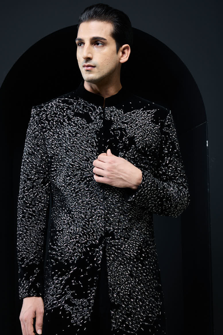 Black indo Western highlighting with silver zari, pearls and cutdana