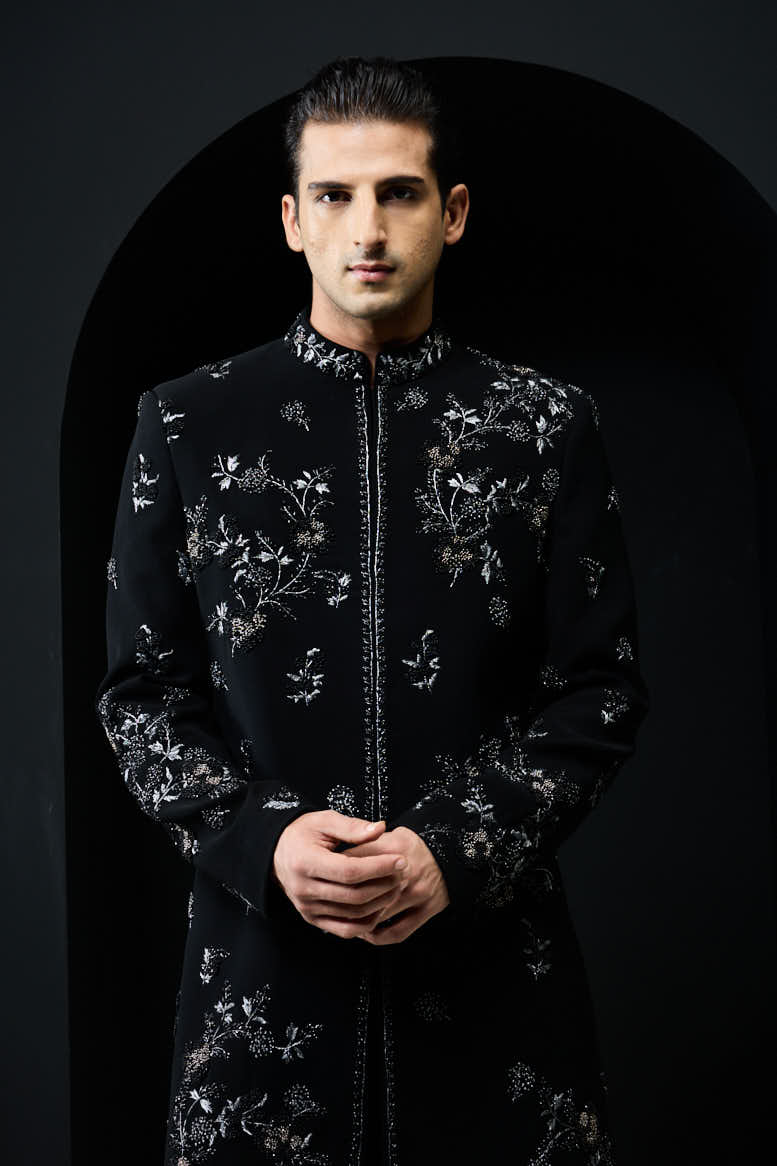 Black indo Western highlighting with silver zari, pearls and cutdana