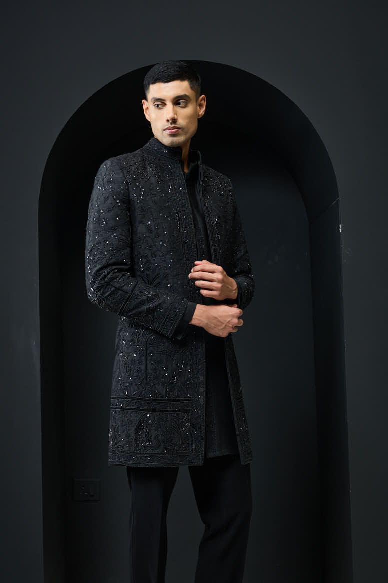Black open indo Western highlighting with pearls, sequins and thread work