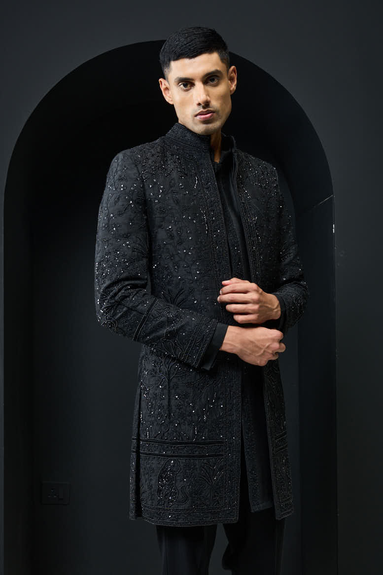 Black open indo Western highlighting with pearls, sequins and thread work