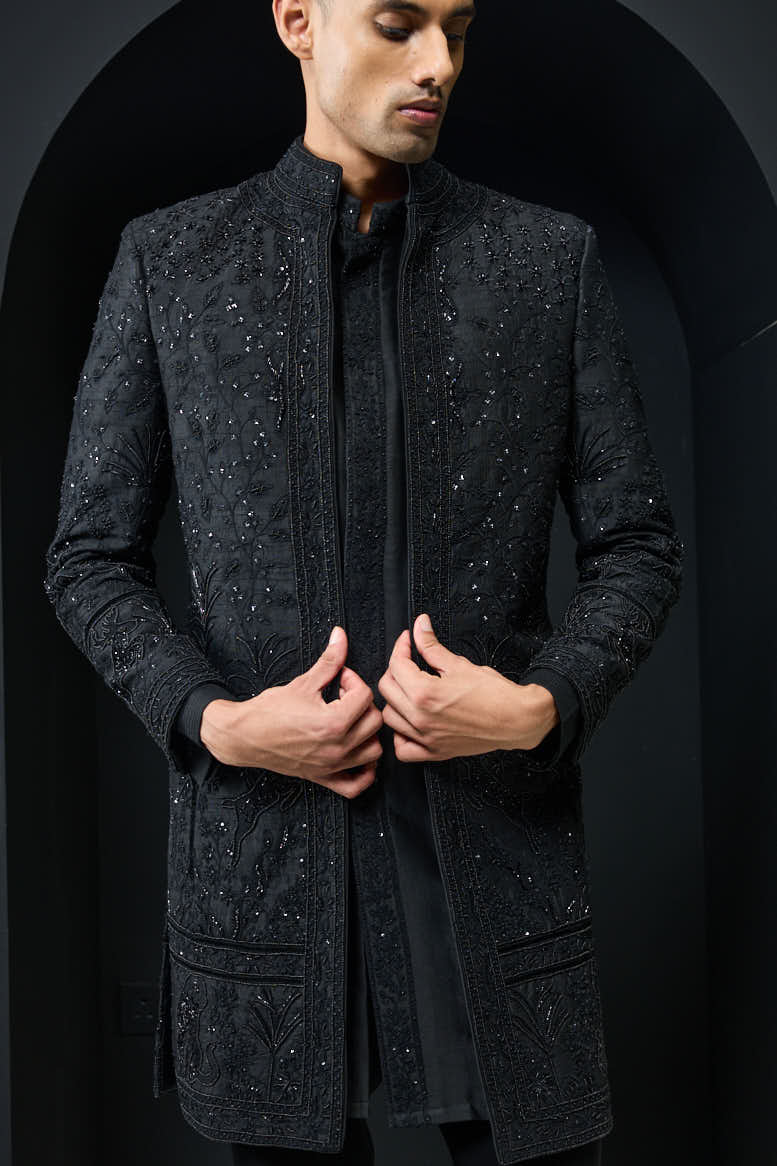 Black open indo Western highlighting with pearls, sequins and thread work