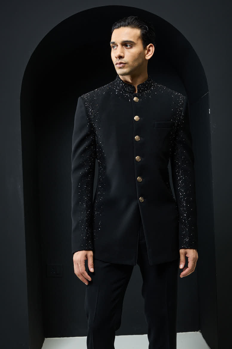 Black Bandhgala highlighted with pearls and sequins