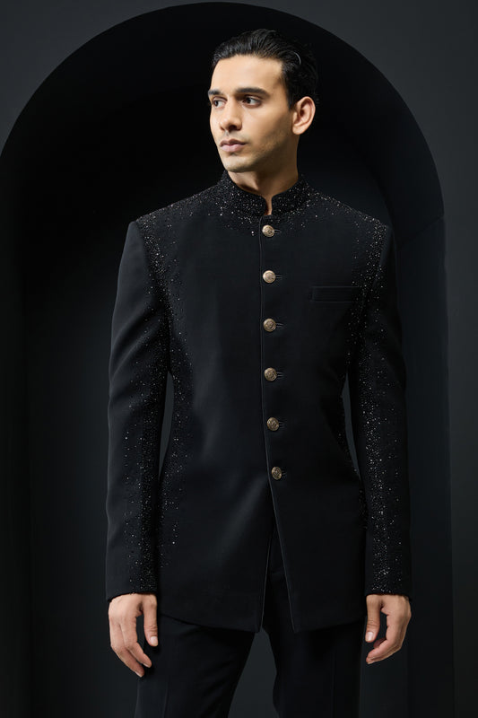 Black Bandhgala highlighted with pearls and sequins