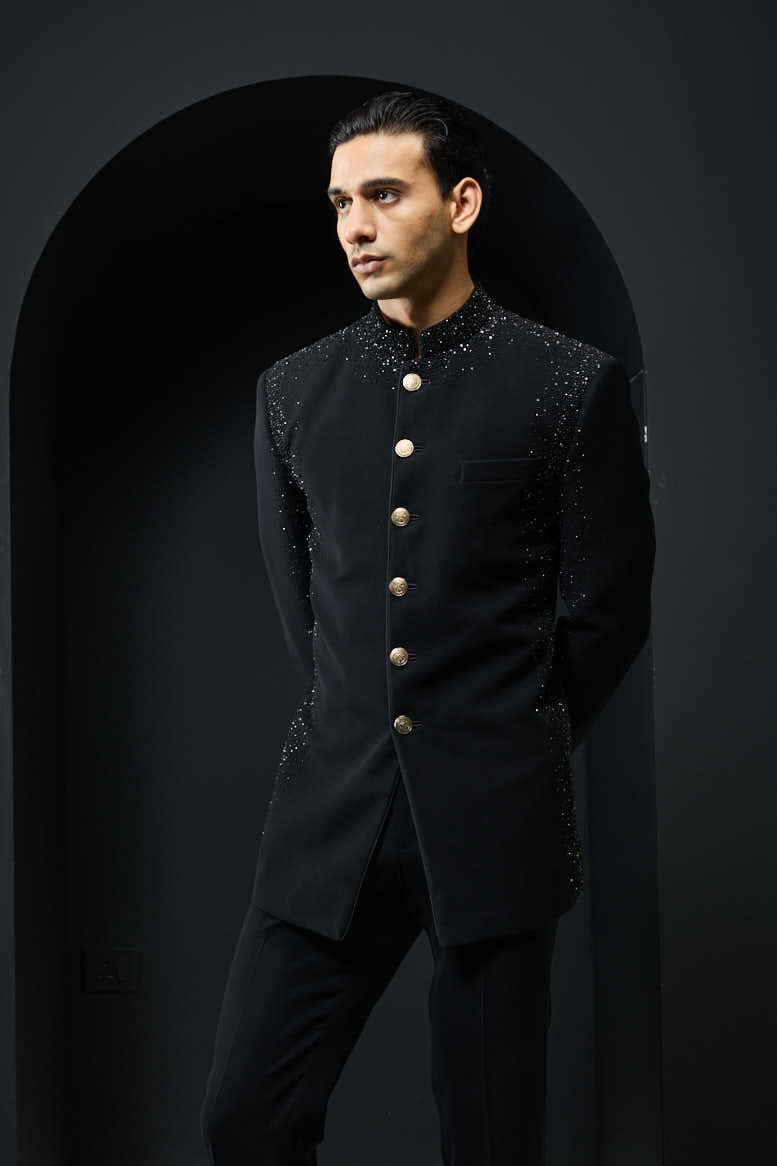 Black Bandhgala highlighted with pearls and sequins