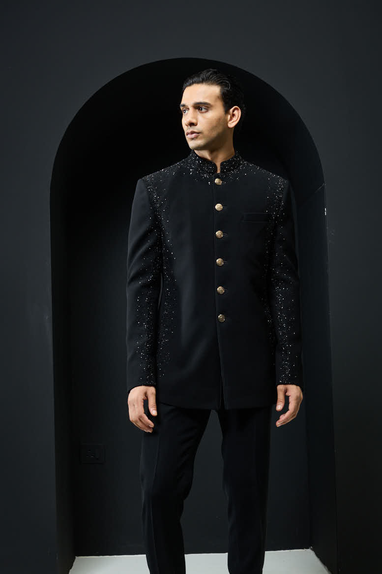 Black Bandhgala highlighted with pearls and sequins