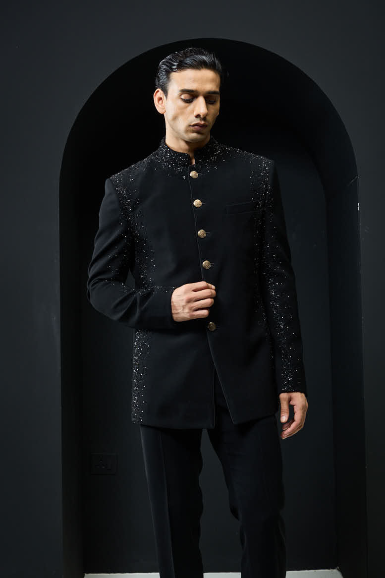 Black Bandhgala highlighted with pearls and sequins