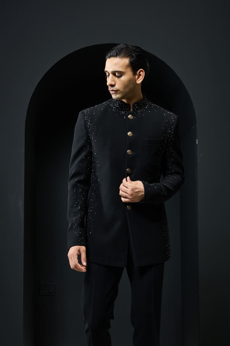 Black Bandhgala highlighted with pearls and sequins
