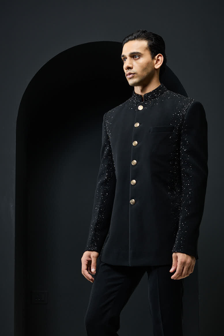 Black Bandhgala highlighted with pearls and sequins