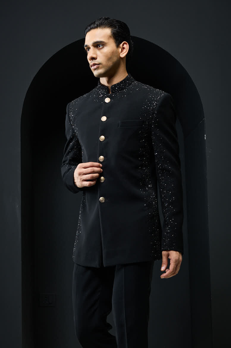 Black Bandhgala highlighted with pearls and sequins