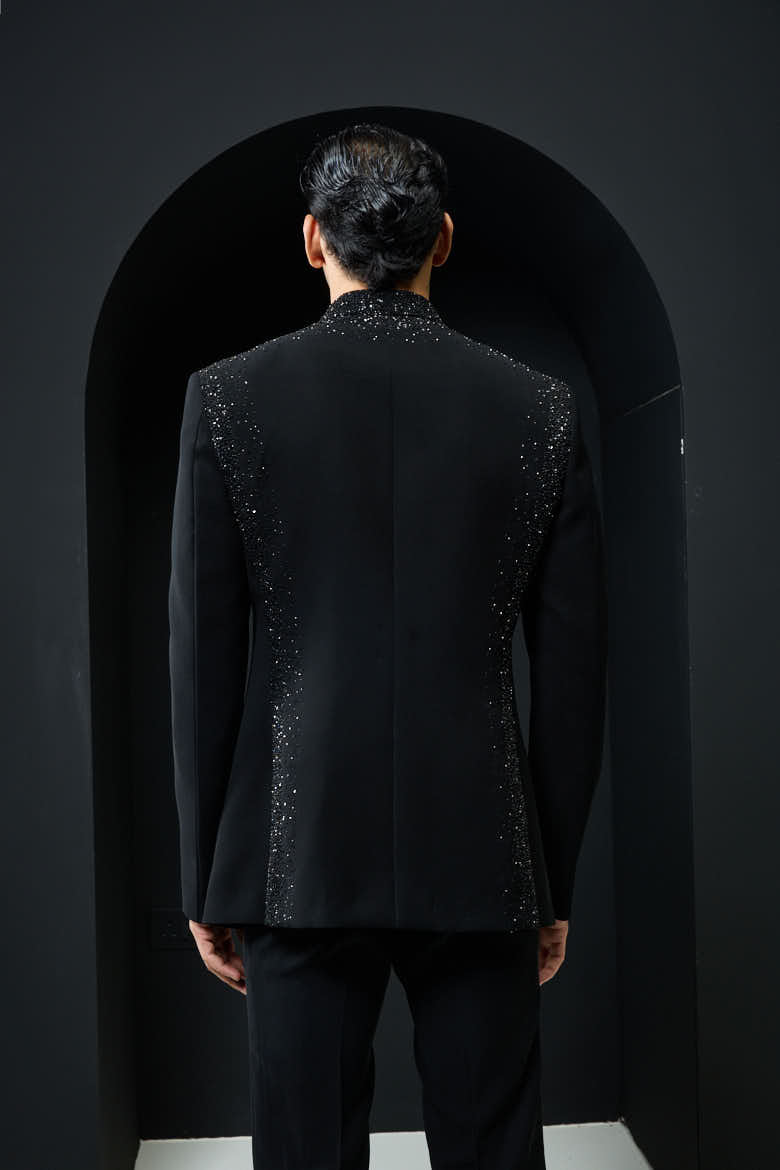 Black Bandhgala highlighted with pearls and sequins