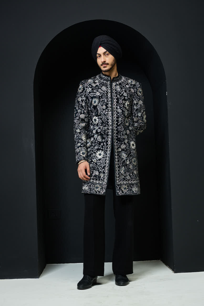 Teal Indo Western highlighted with pearl, sequins ,cutdana and spring thread work