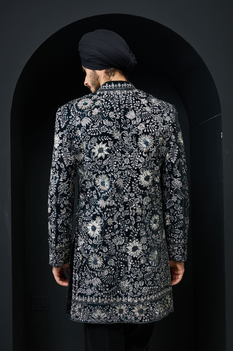 Teal Indo Western highlighted with pearl, sequins ,cutdana and spring thread work