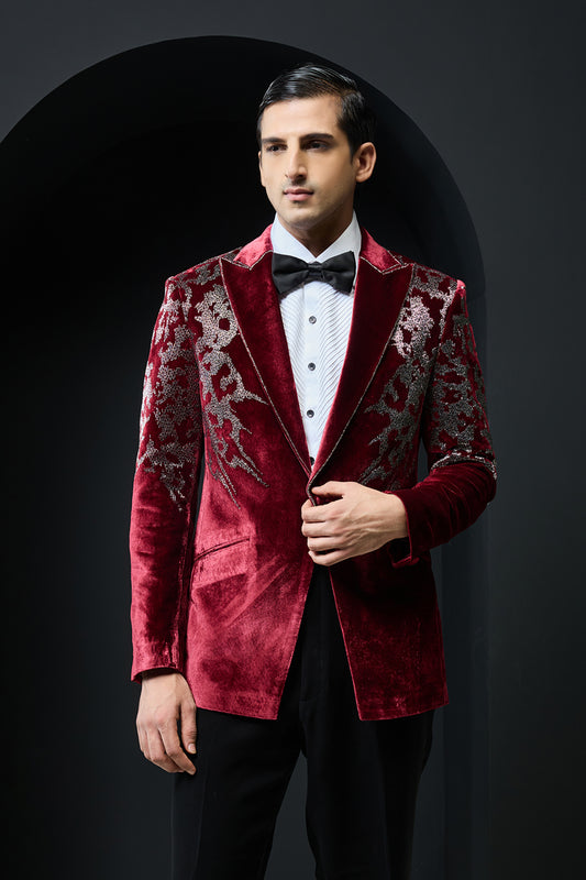 Wine tuxedo highlighted with cutdana