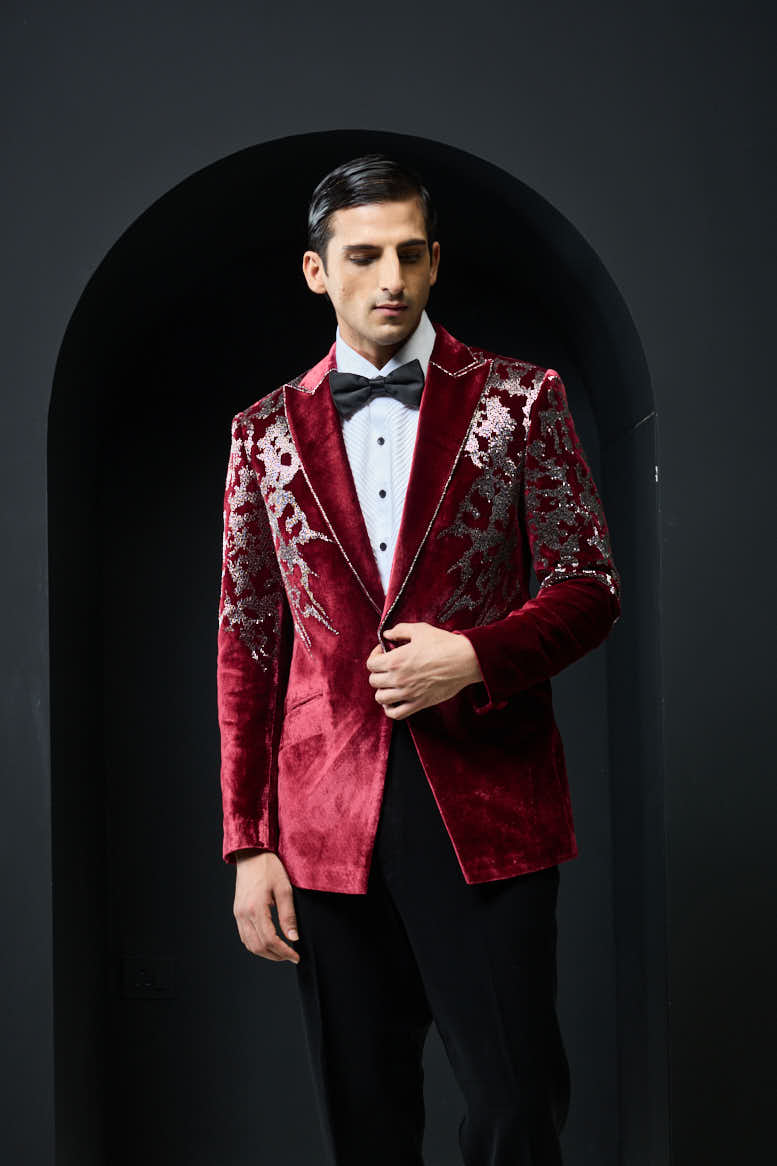 Wine tuxedo highlighted with cutdana