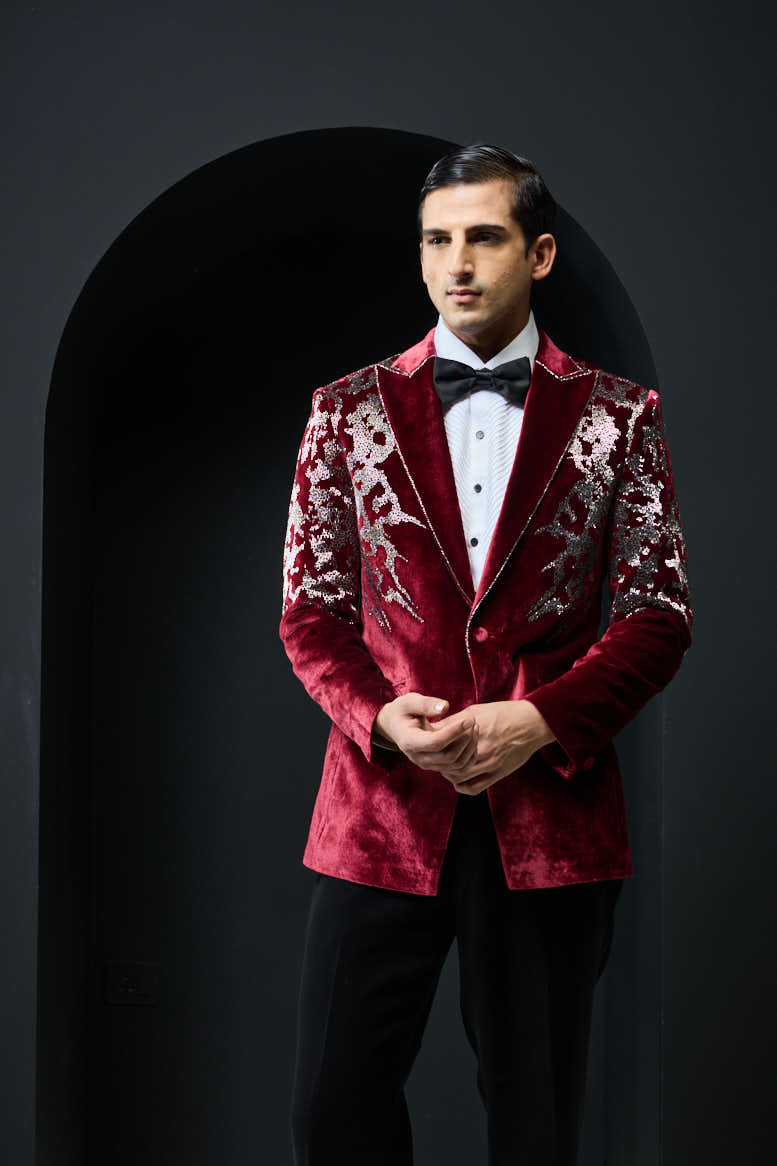 Wine tuxedo highlighted with cutdana