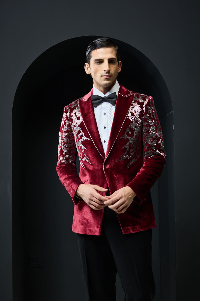 Wine tuxedo highlighted with cutdana