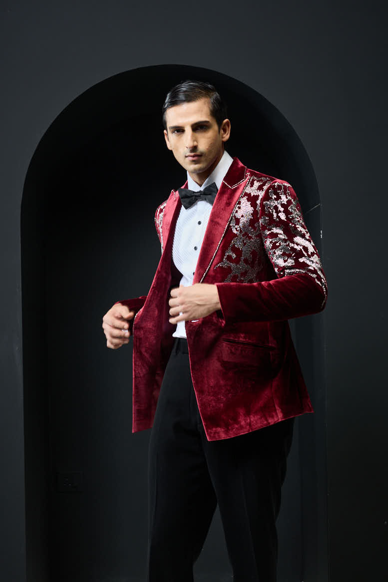 Wine tuxedo highlighted with cutdana