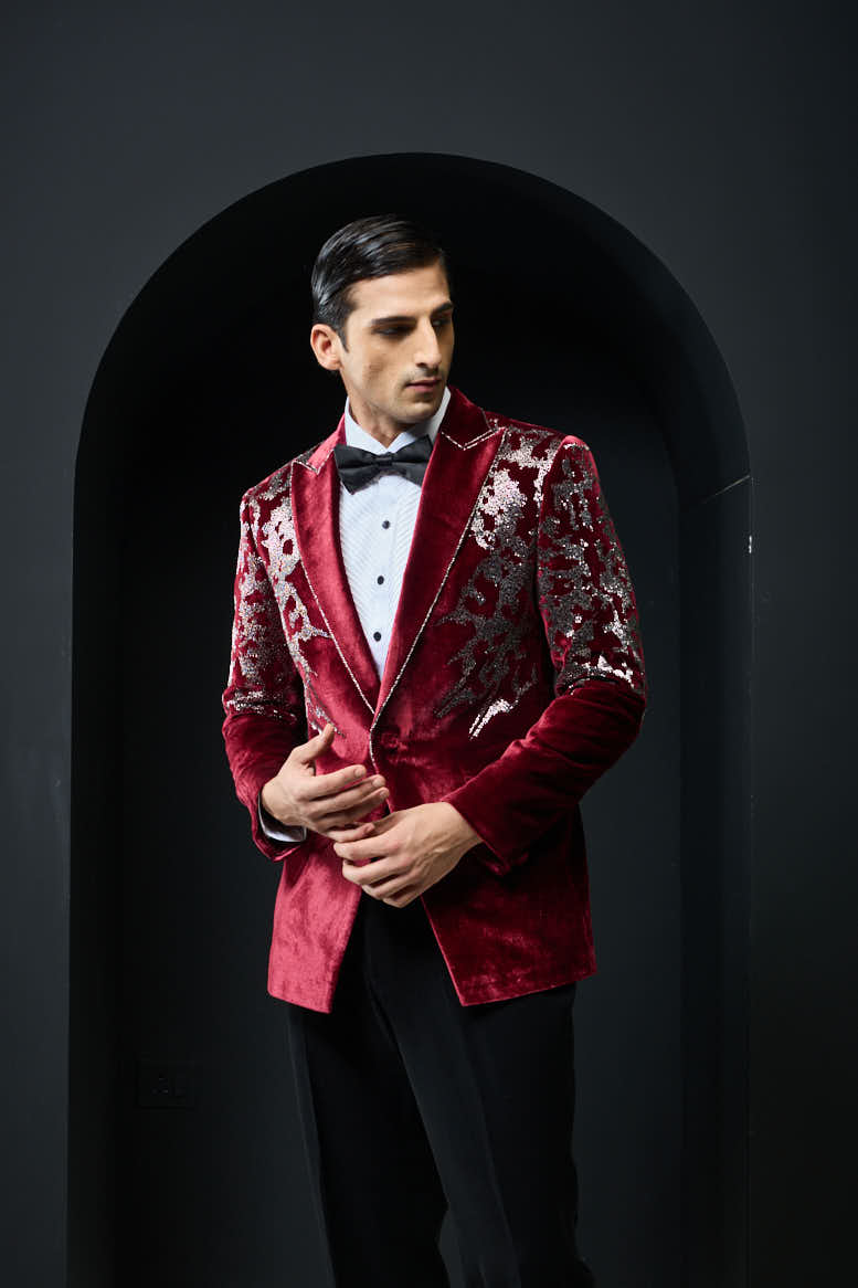 Wine tuxedo highlighted with cutdana