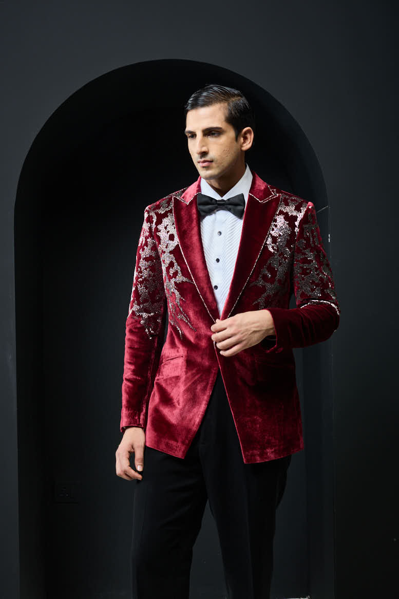 Wine tuxedo highlighted with cutdana