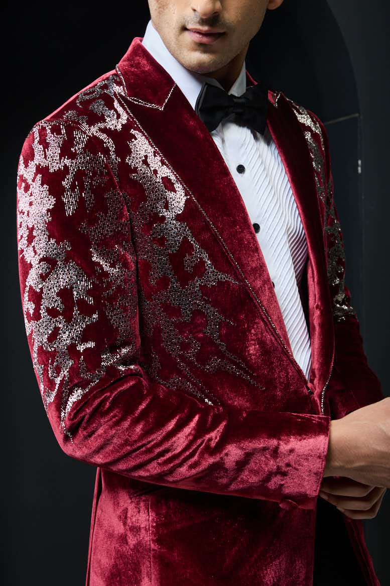 Wine tuxedo highlighted with cutdana