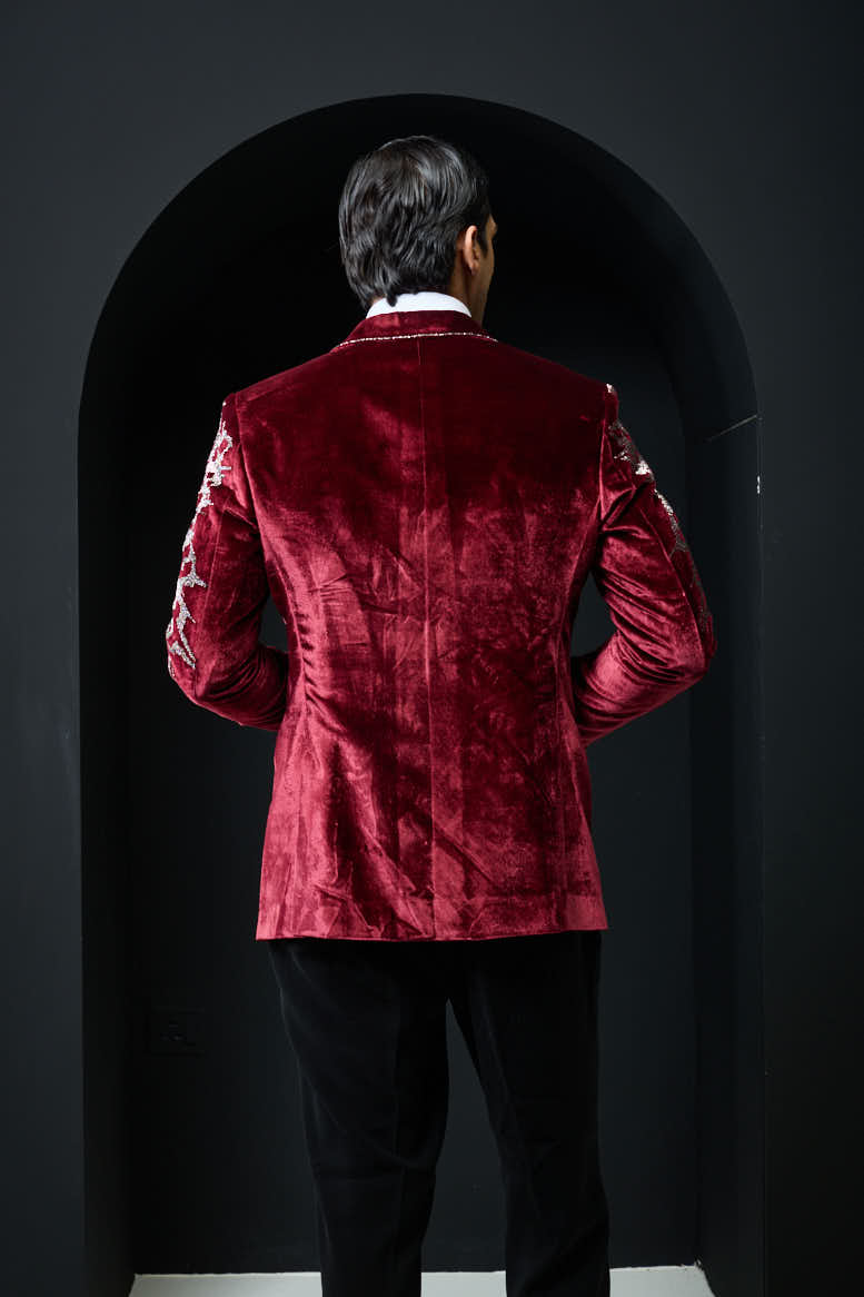 Wine tuxedo highlighted with cutdana