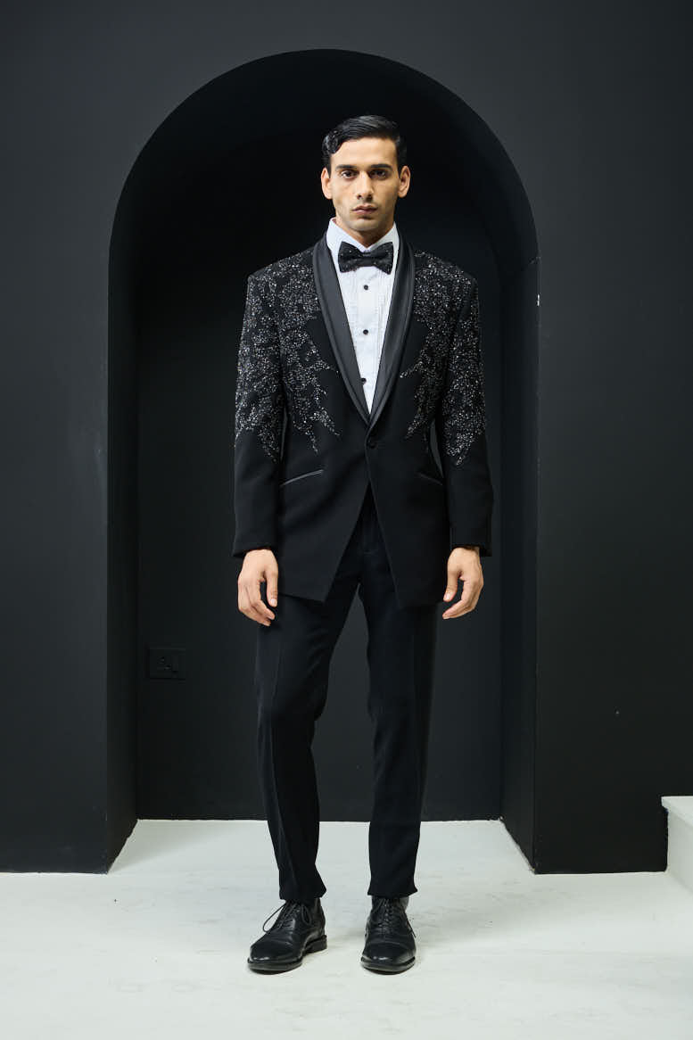 Black tuxedo highlighted with sequins, pearls,cutdana
