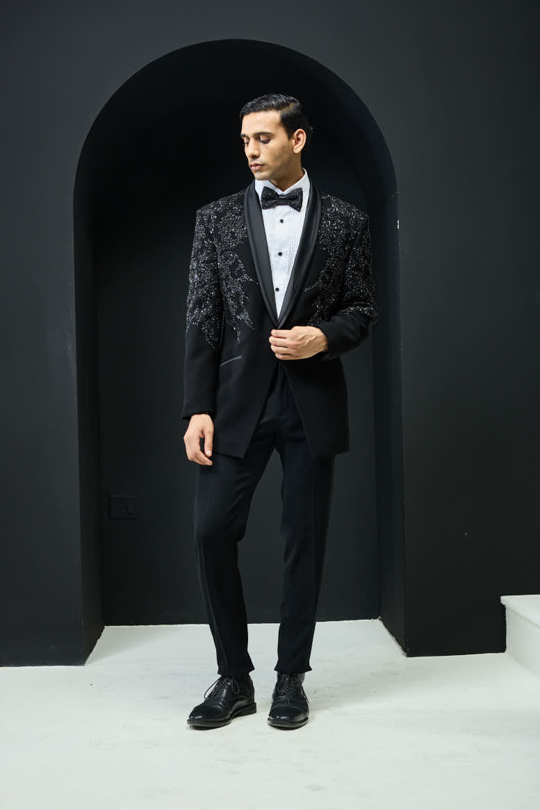 Black tuxedo highlighted with sequins, pearls,cutdana