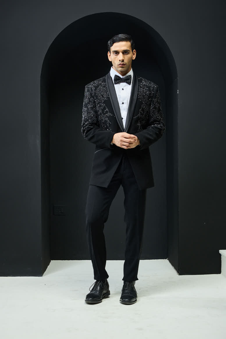 Black tuxedo highlighted with sequins, pearls,cutdana