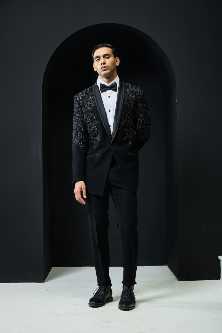 Black tuxedo highlighted with sequins, pearls,cutdana
