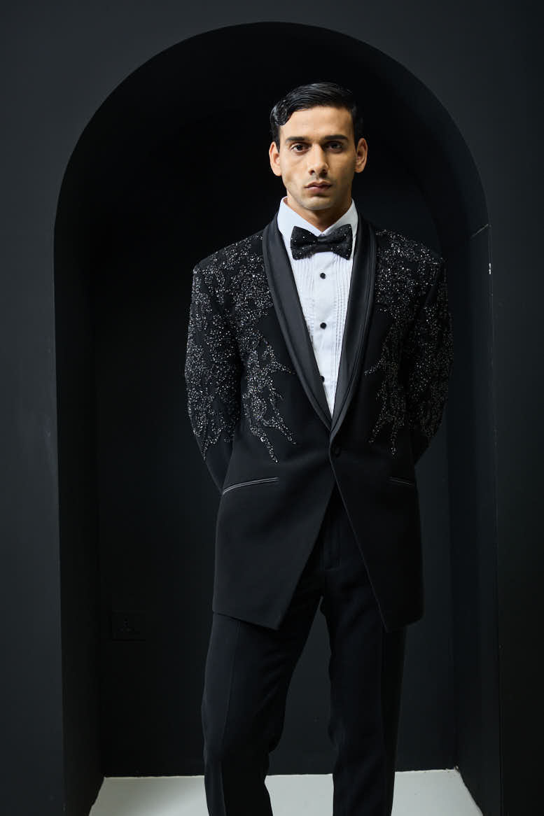 Black tuxedo highlighted with sequins, pearls,cutdana