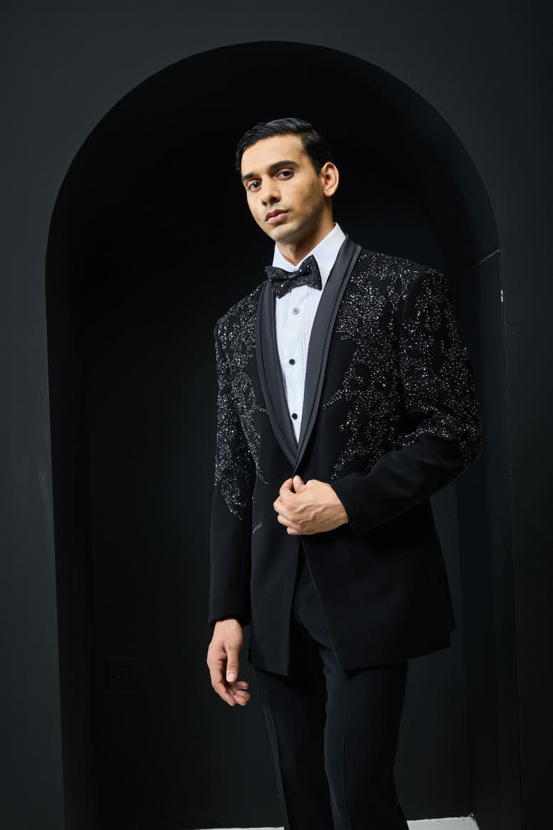 Black tuxedo highlighted with sequins, pearls,cutdana