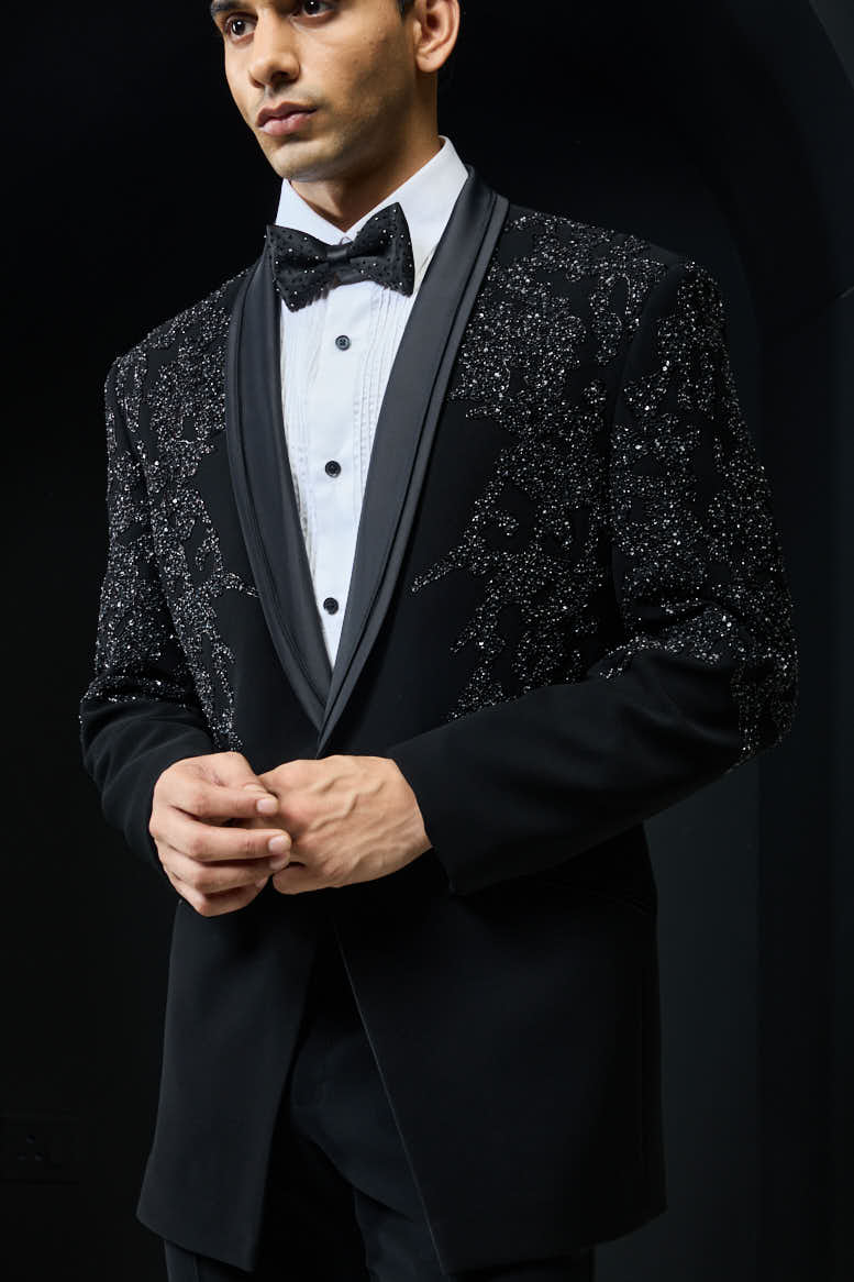 Black tuxedo highlighted with sequins, pearls,cutdana