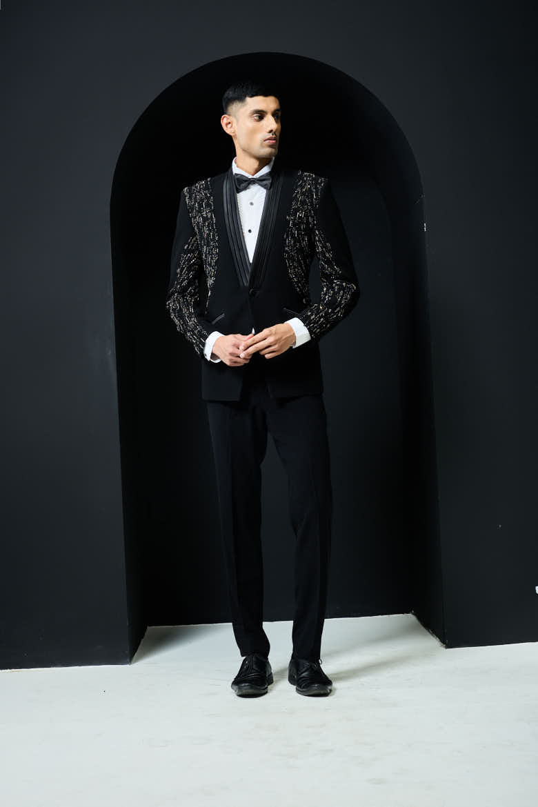 Black tuxedo highlighted with pearls and cutdana