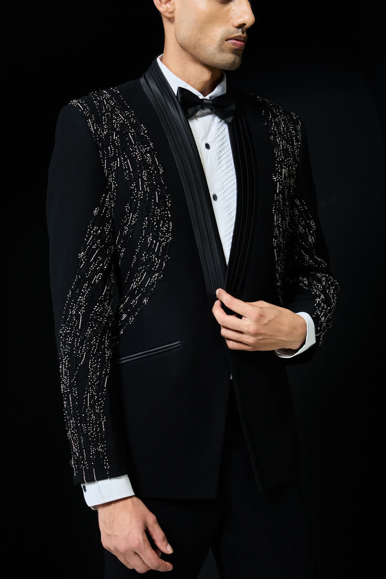 Black tuxedo highlighted with pearls and cutdana