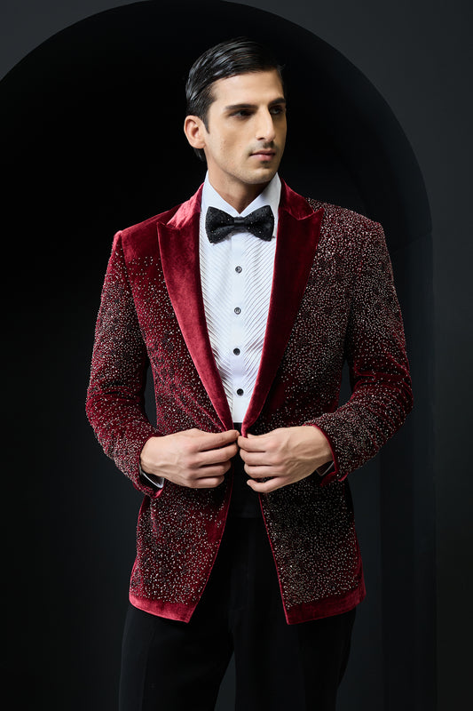 Wine tuxedo highlighted with pearls and square crystal beads