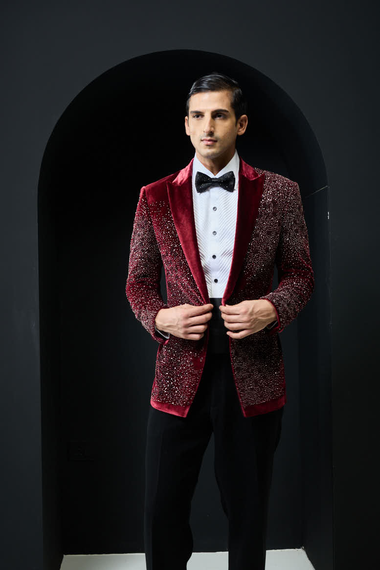 Wine tuxedo highlighted with pearls and square crystal beads