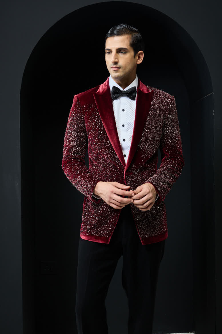 Wine tuxedo highlighted with pearls and square crystal beads