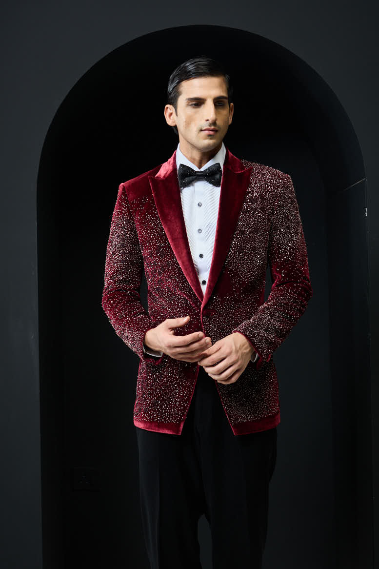 Wine tuxedo highlighted with pearls and square crystal beads