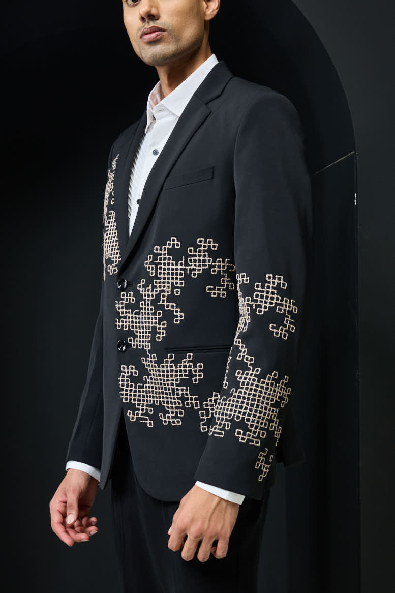 Black blazer detailing with thread work