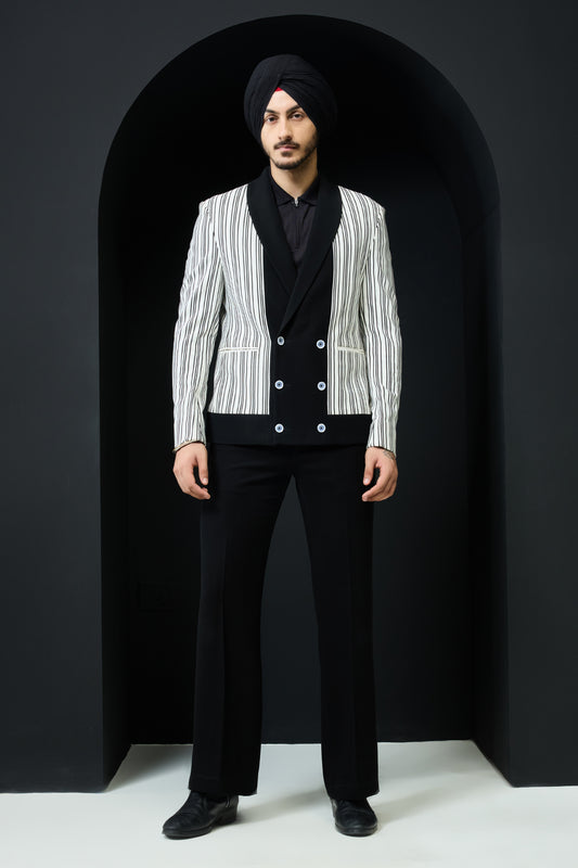 White and black strip jacket detailing with white button