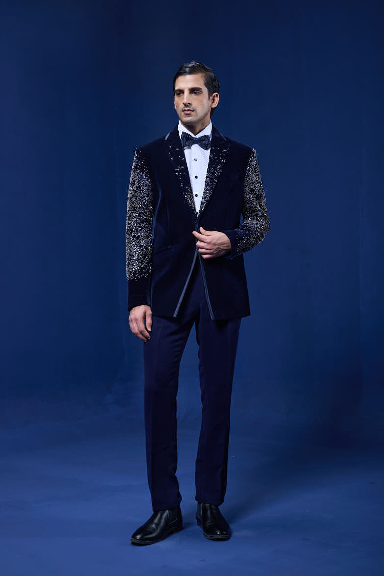 Navy Blue tuxedo highlighted with pearls and sequins